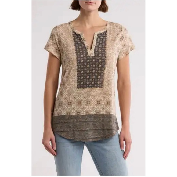 Lucky Brand Women's Beige and Brown Patterned Top - Picture 1 of 5